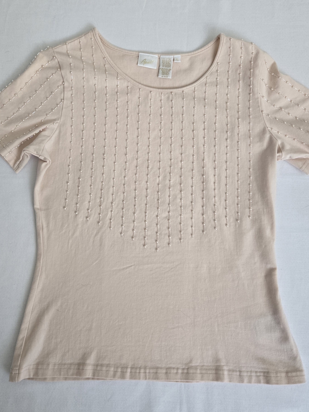 Apart Short Sleeve Scoop Neck Tee with Beaded Front in Light Blush